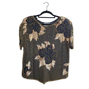 Carolyne Barton Vintage Large Silk Beaded Sequin Black Gold Party Blouse